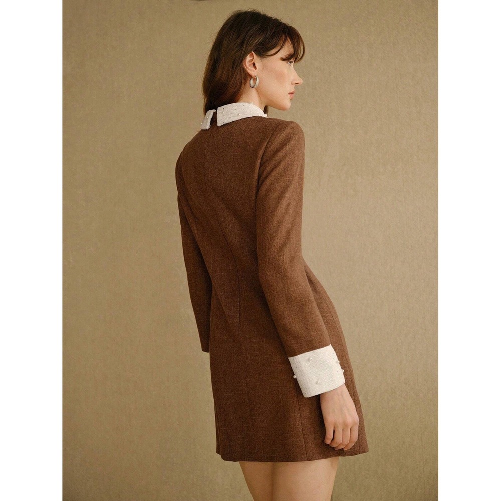 MOTF Womens Mini Dress Large Brown Pearl Trim White Tweed Collar Cuffs - Picture 4 of 13